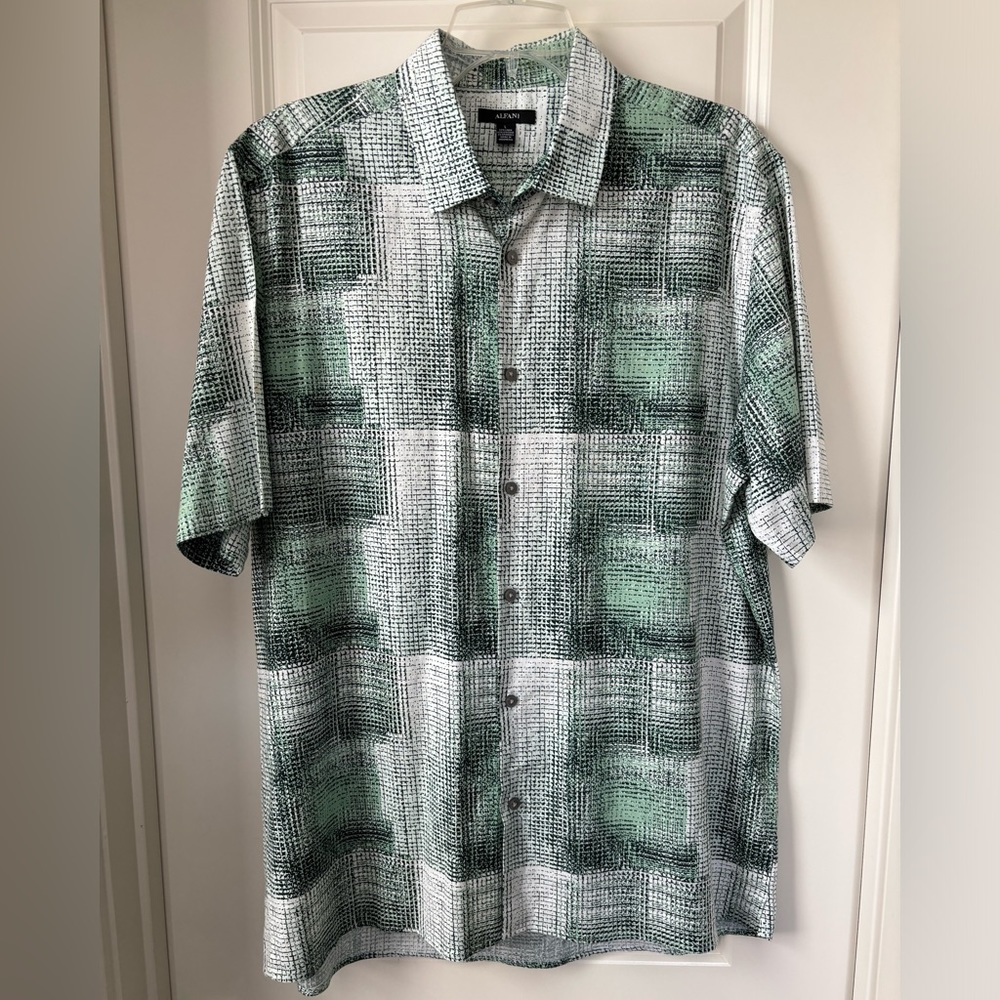 Alfani Button Down Short Sleeve Shirt, Green, Black & White, Size L